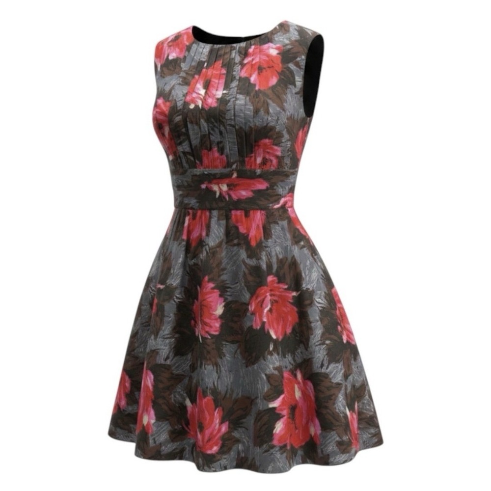 Biden Selina Gray & Red Floral Rushed Midi Dress Roses Fit Flare Size 8L Viscose